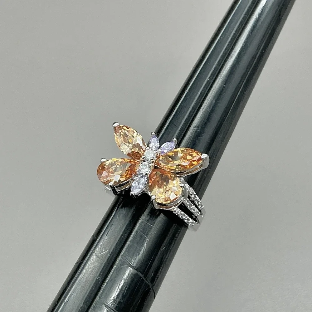 Ring Size 10 Silver Tone Yellow Champagne Butterfly Crystal Cocktail Womens